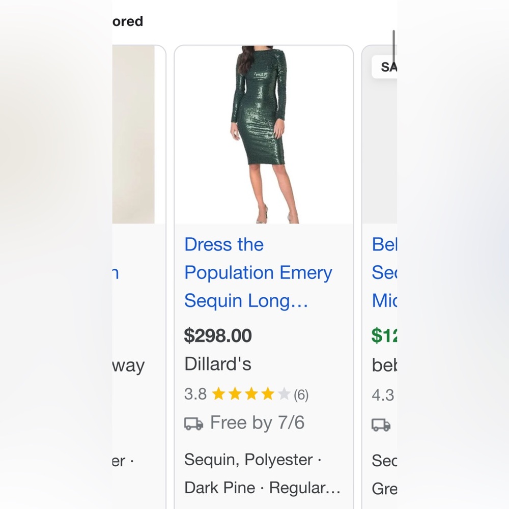 Dress the Population Emery Sequin Long Sleeve w/ Boat Neck Midi Sheath Dress L